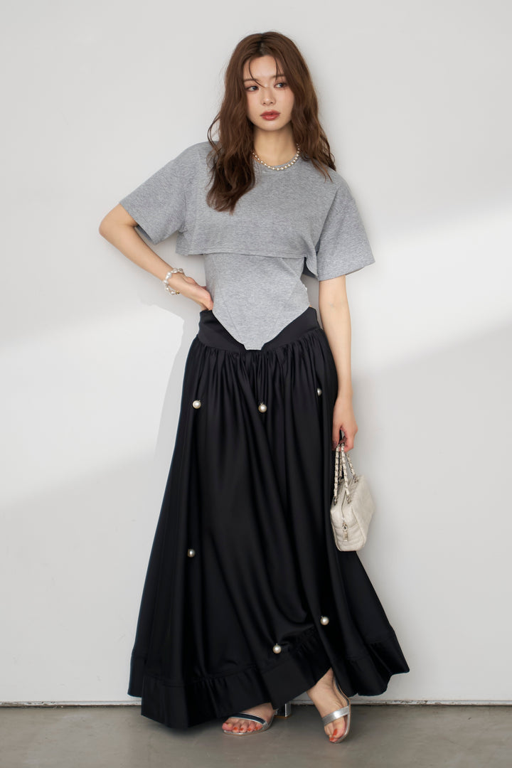 [予約/SET]バックレースアップTシャツ+ビッグパールデコレーションボリュームフレアスカート(2set)