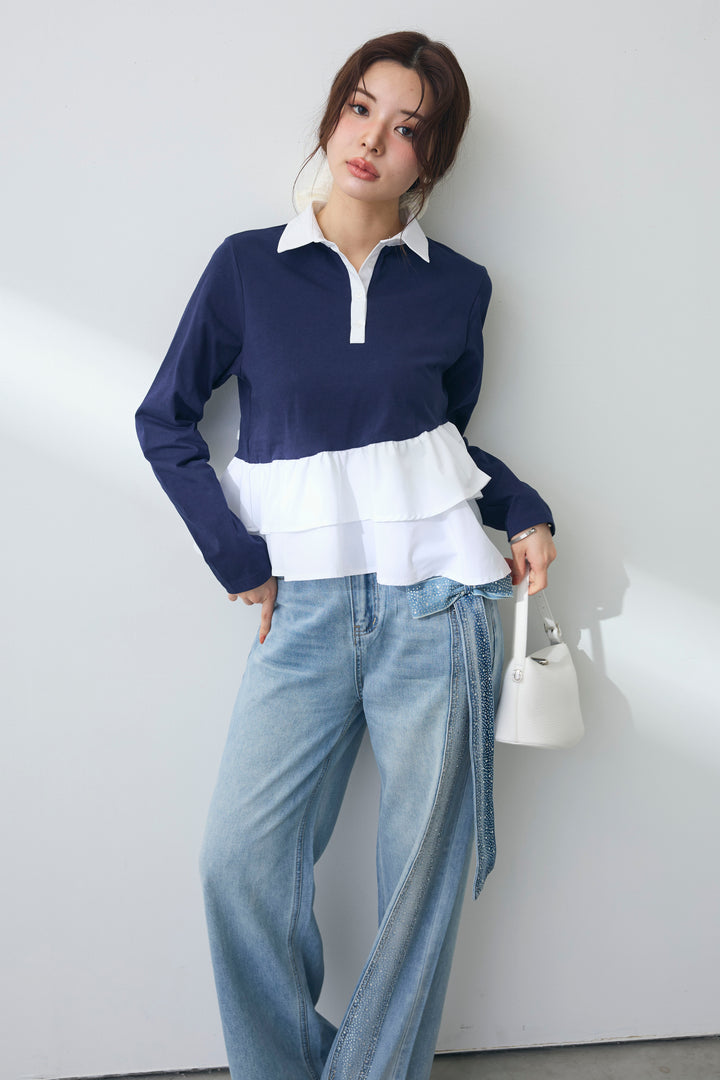 [予約]サイドリボンストーンデザインデニムパンツ