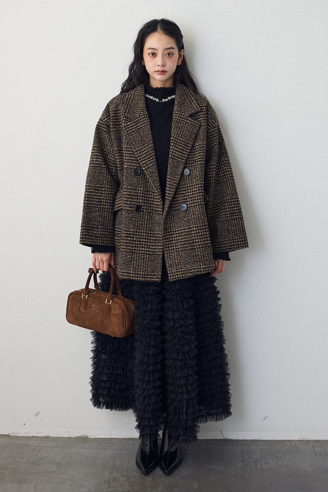 [予約/SET]チェック柄ボクシーコート+ホイップチュールティアードスカート(2set)