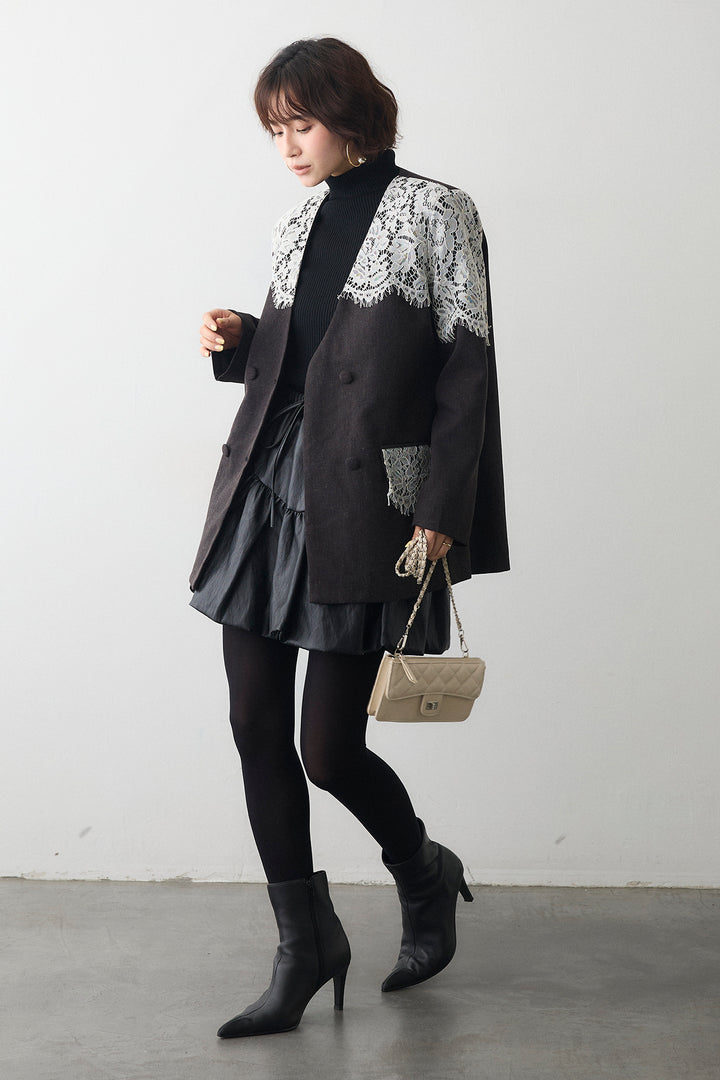 [予約/SET]ベーシックリブタートルニット+ショルダーレースデザインジャケット+フェイクレザーティアードバルーンミニスカート(3set)