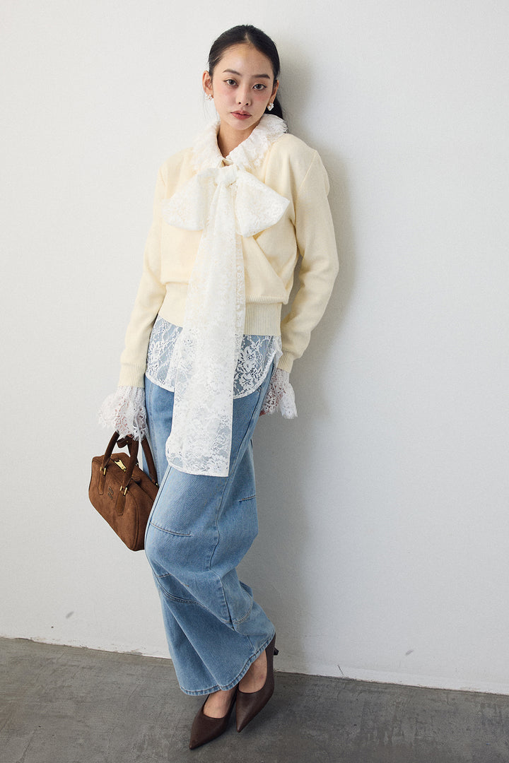 [予約/SET]クラシカルレースボウタイブラウス+カシュクールデザインニット+ステッチ美ラインカーブデニムパンツ(3set)