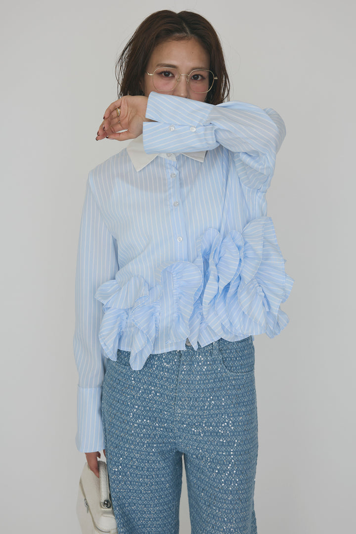 [予約]ストライプラッフルフリルクロップドシャツ