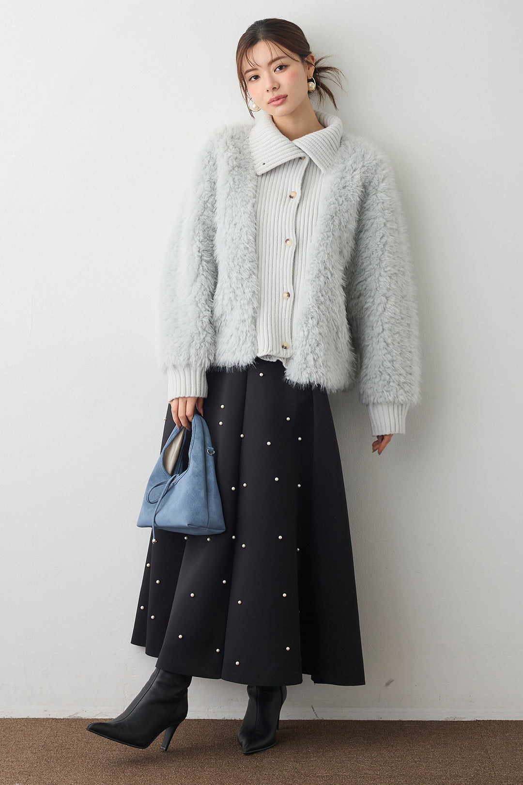 [予約/SET]シャギーファー×リブニットミックスジャケット+マルチパターンボンディングフレアスカート(2set)