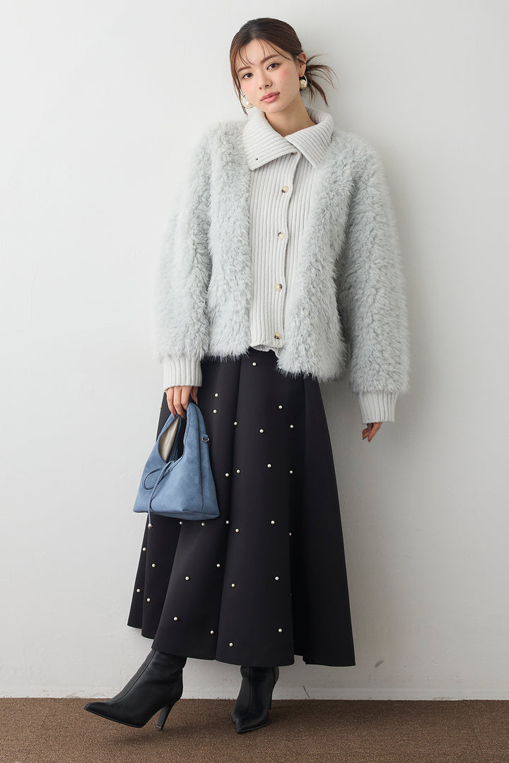 [予約/SET]シャギーファー×リブニットミックスジャケット+マルチパターンボンディングフレアスカート(2set)