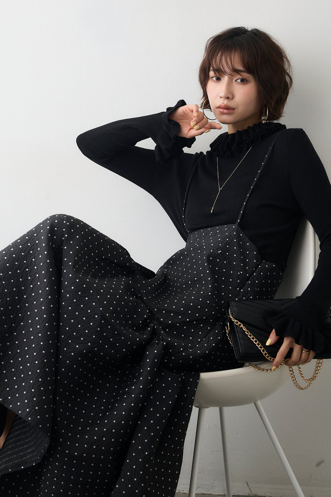 [予約/SET]ダブルフリルカラーニットプルオーバー+ドットジャガードギャザーフレアスカート(2set)