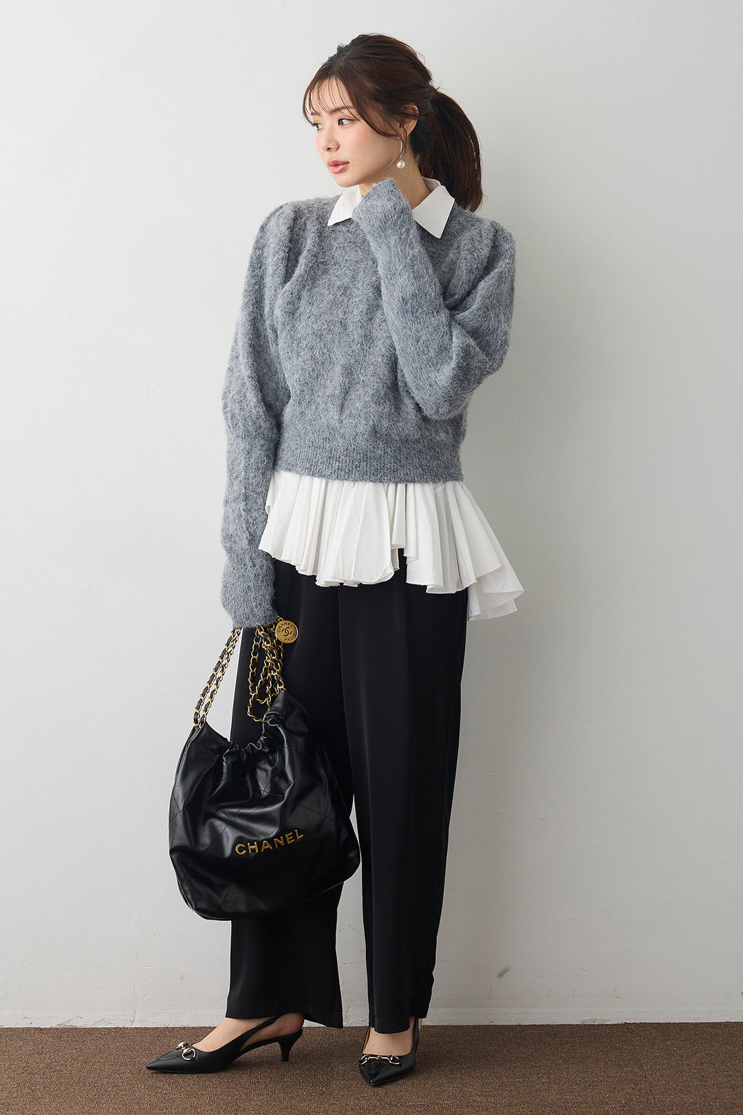 [予約/SET]モヘアパフスリーブプルオーバー+パネルフレアヘムシャツ+とろみドロストワイドパンツ(3set)