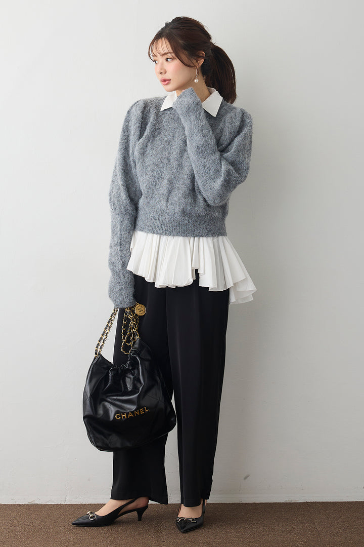 [予約/SET]モヘアパフスリーブプルオーバー+パネルフレアヘムシャツ+とろみドロストワイドパンツ(3set)