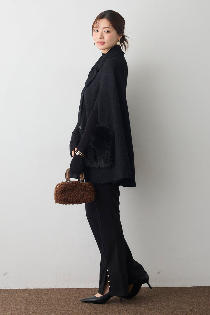 [予約/SET]ベーシックフィンガーホールリブニット+ウールタッチファーポケットポンチョコート+センタースリットパールパンツ(3set)