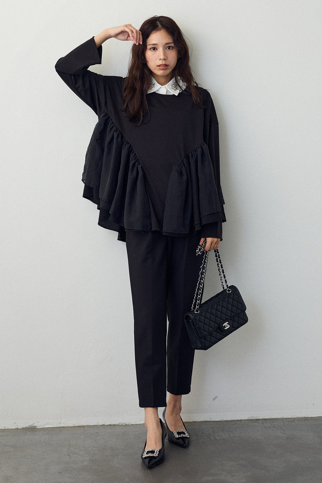 [予約/SET]ビジュー付け襟+フリルテール異素材切替チュニック(2set)