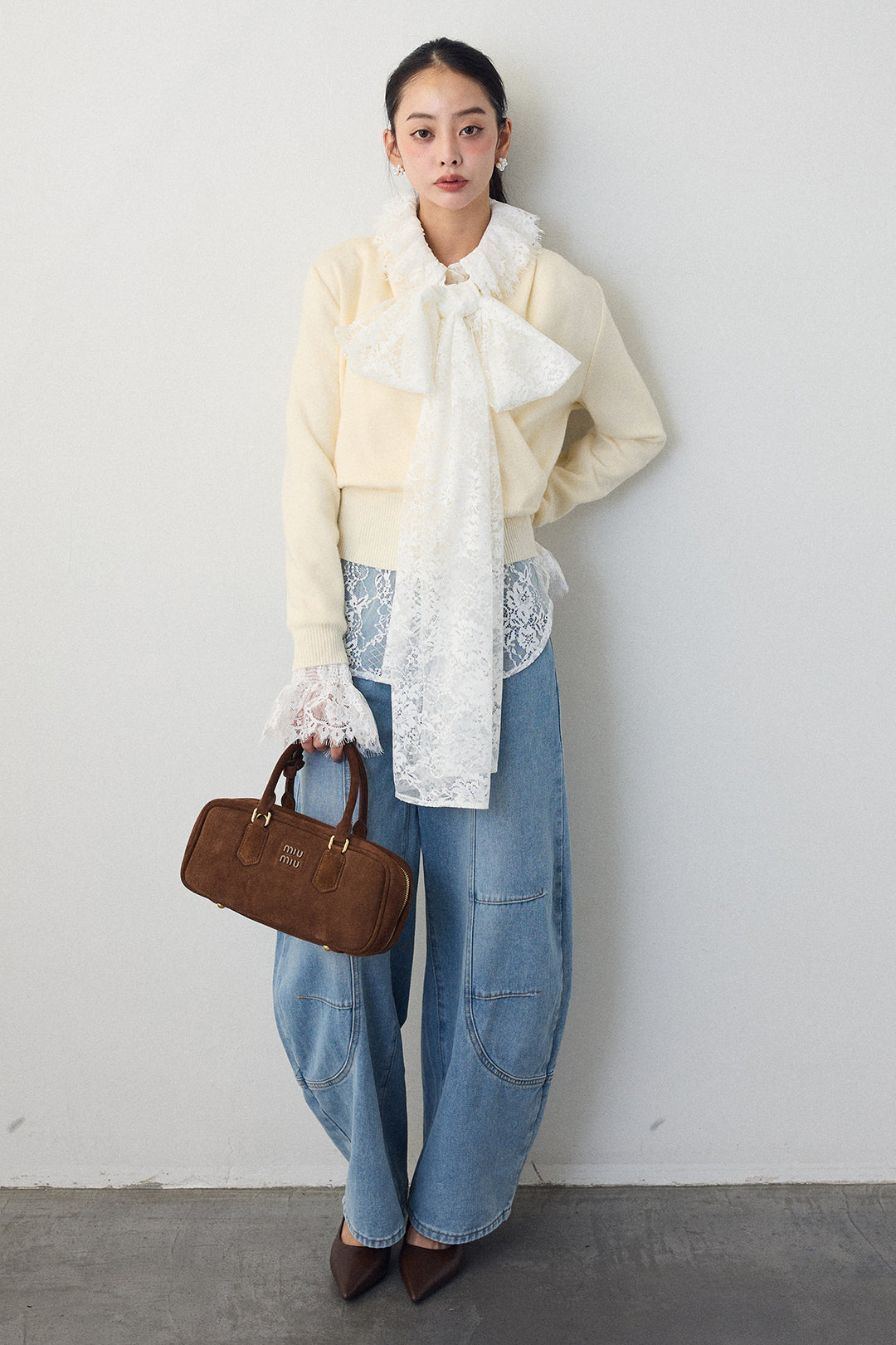 [予約/SET]クラシカルレースボウタイブラウス+カシュクールデザインニット(2set)