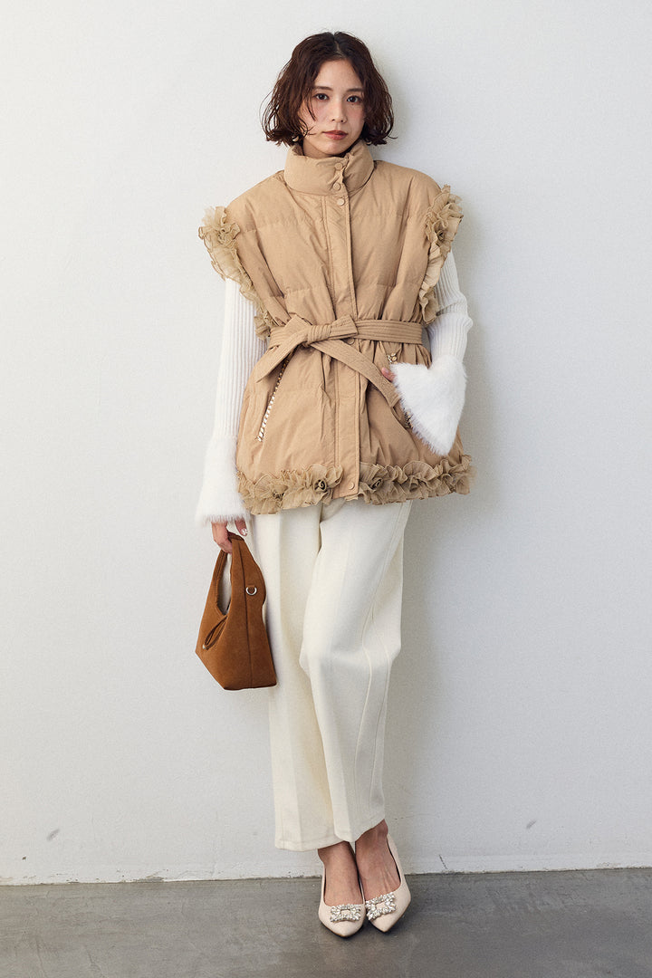 [予約/SET]フェザー切替スリーブフレアニット+フリルチュールスリーブ美ラインベスト+ウォームセンタープレス美ラインテーパードパンツ(3set)