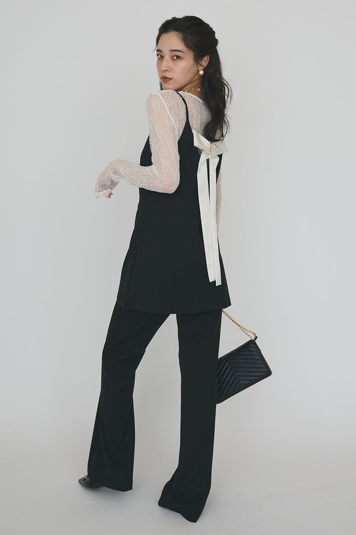 [予約/SET]ストレッチ繊細レーストップス+バックリボン美シルエットキャミチュニック+美脚セミフレアパンツ(3set)