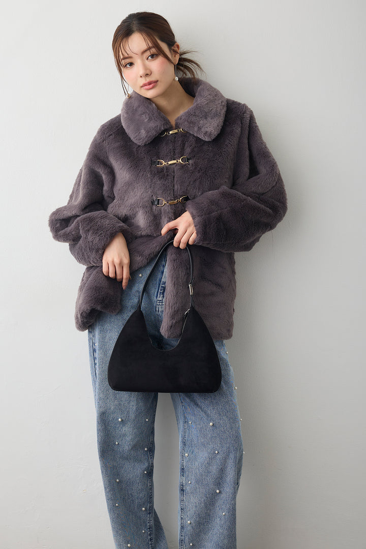 [予約/SET]ビット付きフェイクファーコート+パールスタッズストレートハイウエストデニム(2set)