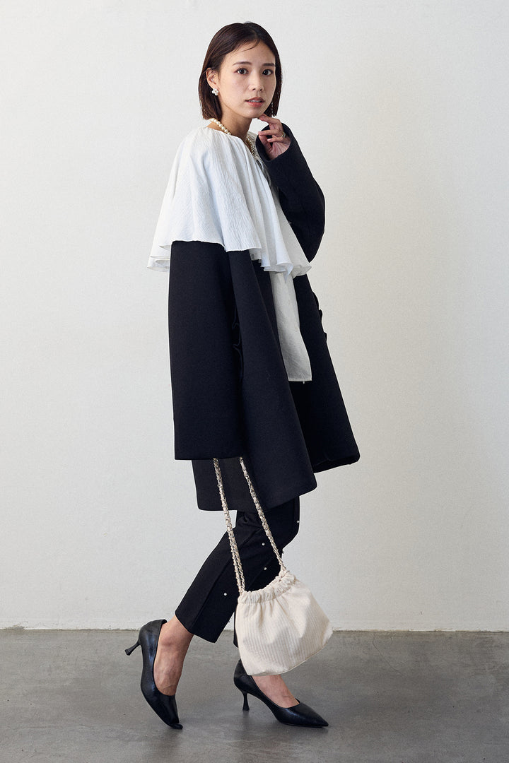 [予約/SET]BIGフリルカラーブラウス+フリルポケットボンディングノーカラーコート+センターシームランダムパールパンツ(3set)