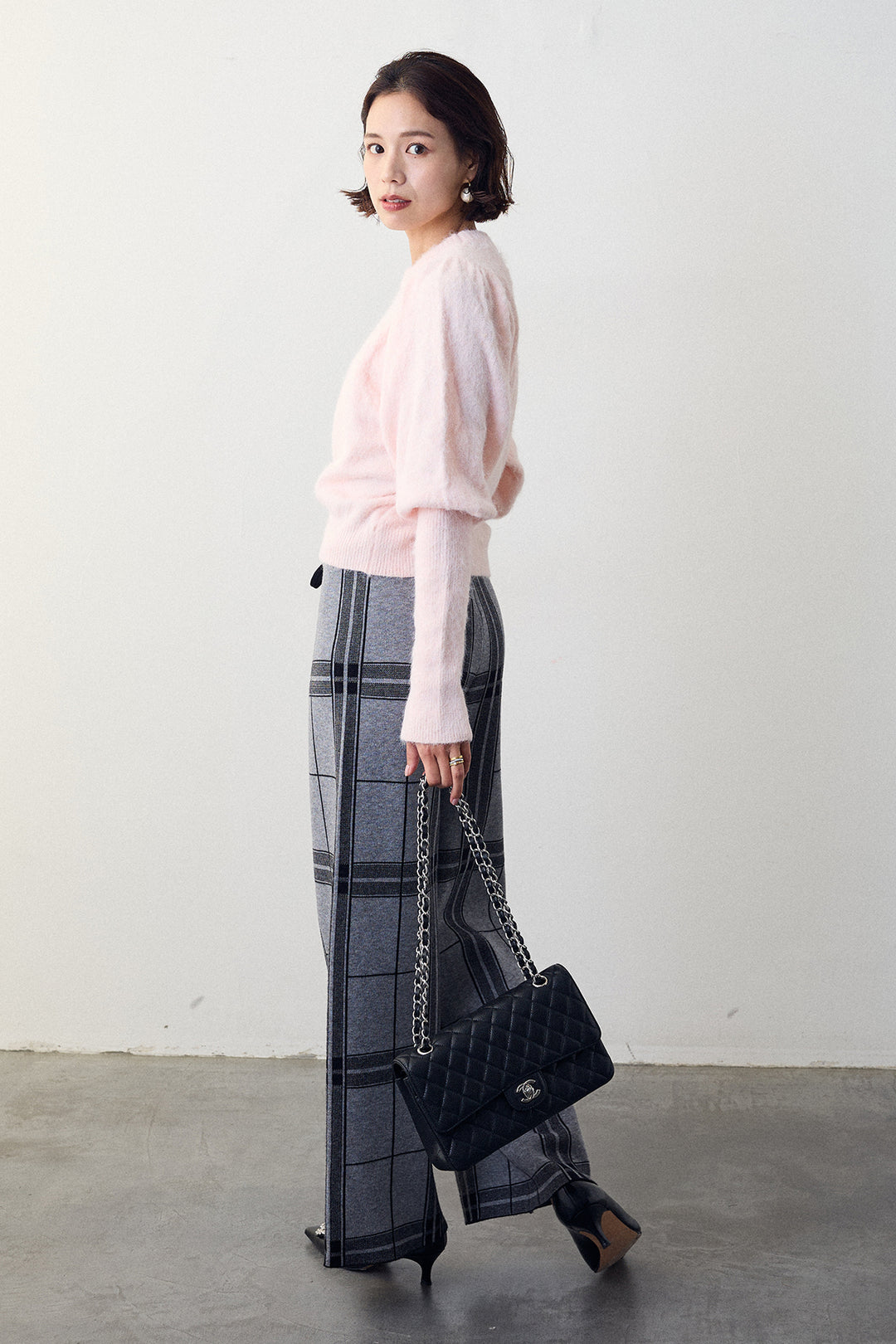[予約/SET]モヘアパフスリーブプルオーバー+チェック柄ニットストレートパンツ(2set)