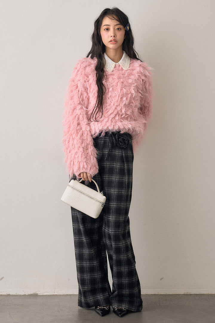 [予約/SET]2連パール付け襟+ループシャプルオーバーニット+クラシカルチェックフラワーモチーフ付きパンツ(3set)