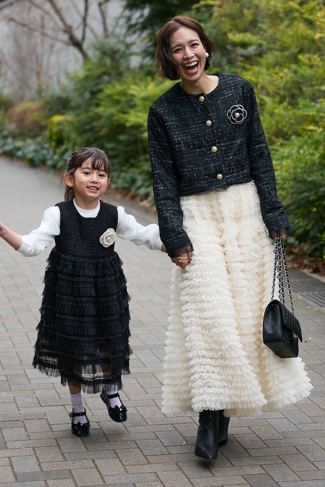 [予約/親子SET][kids]ティアードプリーツパールワンピセット+ツイード×チュールレイヤードクロップドジャケット+ホイップチュールティアードスカート(3set)