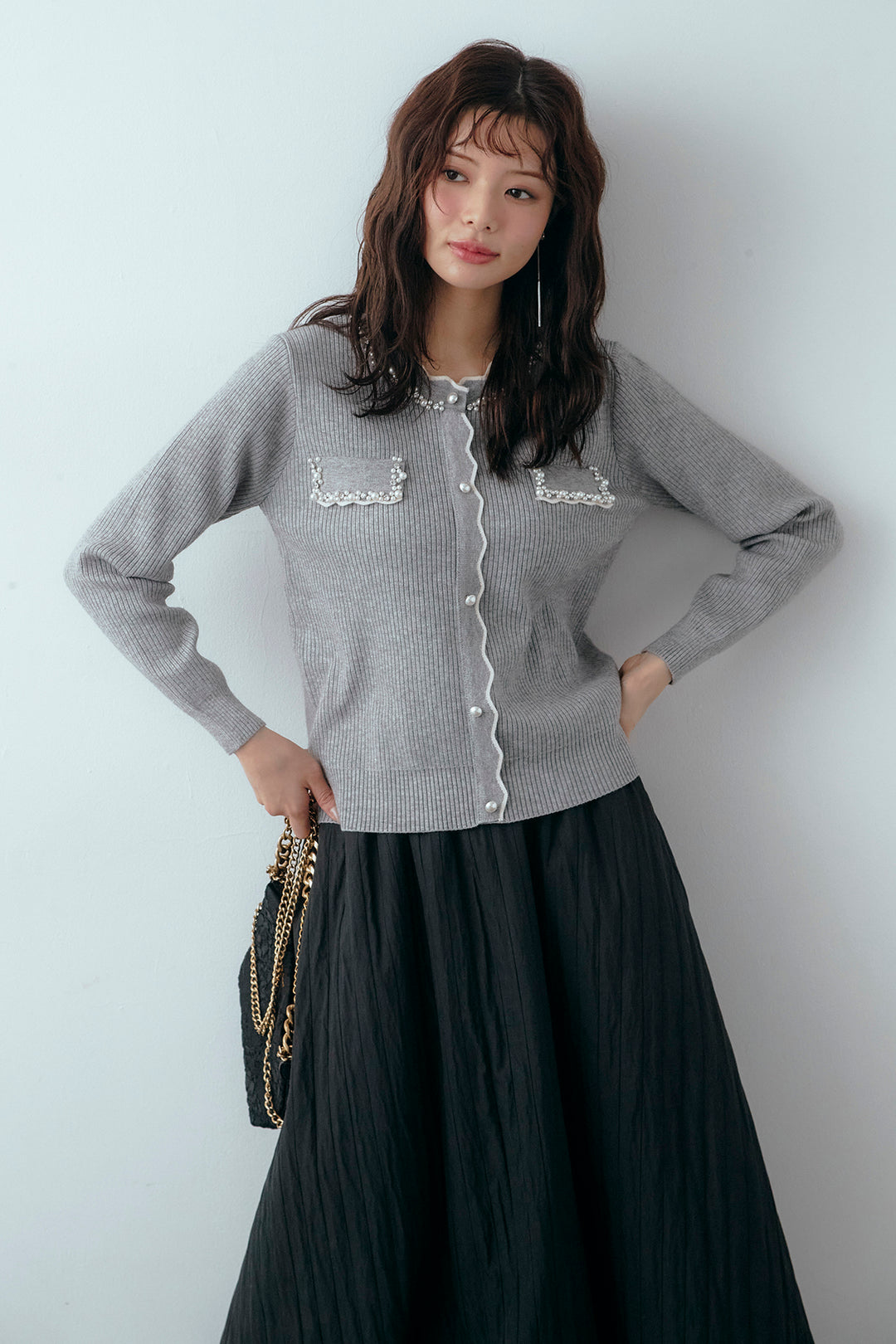 [予約/SET]ビジューパールデザインニットカーデ+ソフトキルトバルーンスカート(2set)
