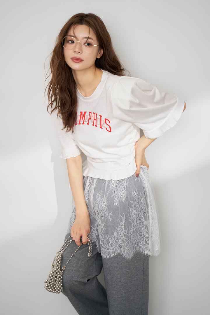 [予約/SET]ロゴパフスリーブデザインTシャツ+繊細レースレイヤードパンツ(2set)