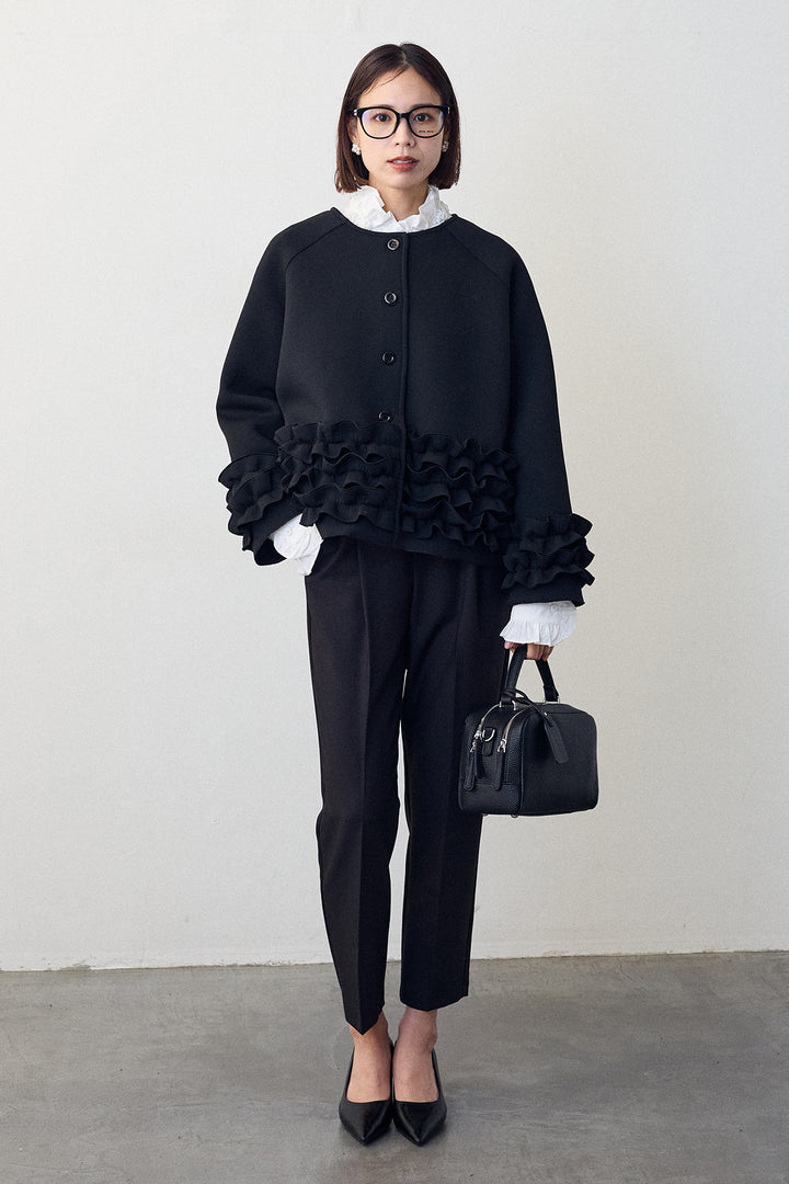 [予約/SET]ローズモチーフフリルカラーシャツ+フリルティアードボンディングクロップドコート+タックテーパードパンツ(3set)