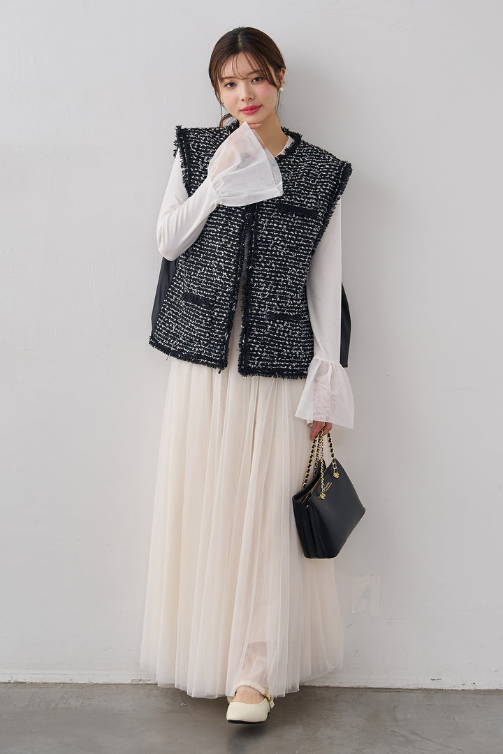[予約/SET]チュールシアーカフスリブニット+異素材切り替えツイードベスト+エアリーチュールフレアスカート(3set)