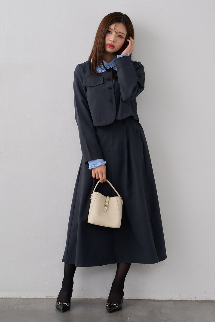 [予約/SET]ミニフリル襟ボリュームスリーブブラウス+ノーカラークロップドジャケットスカートセット(2set)