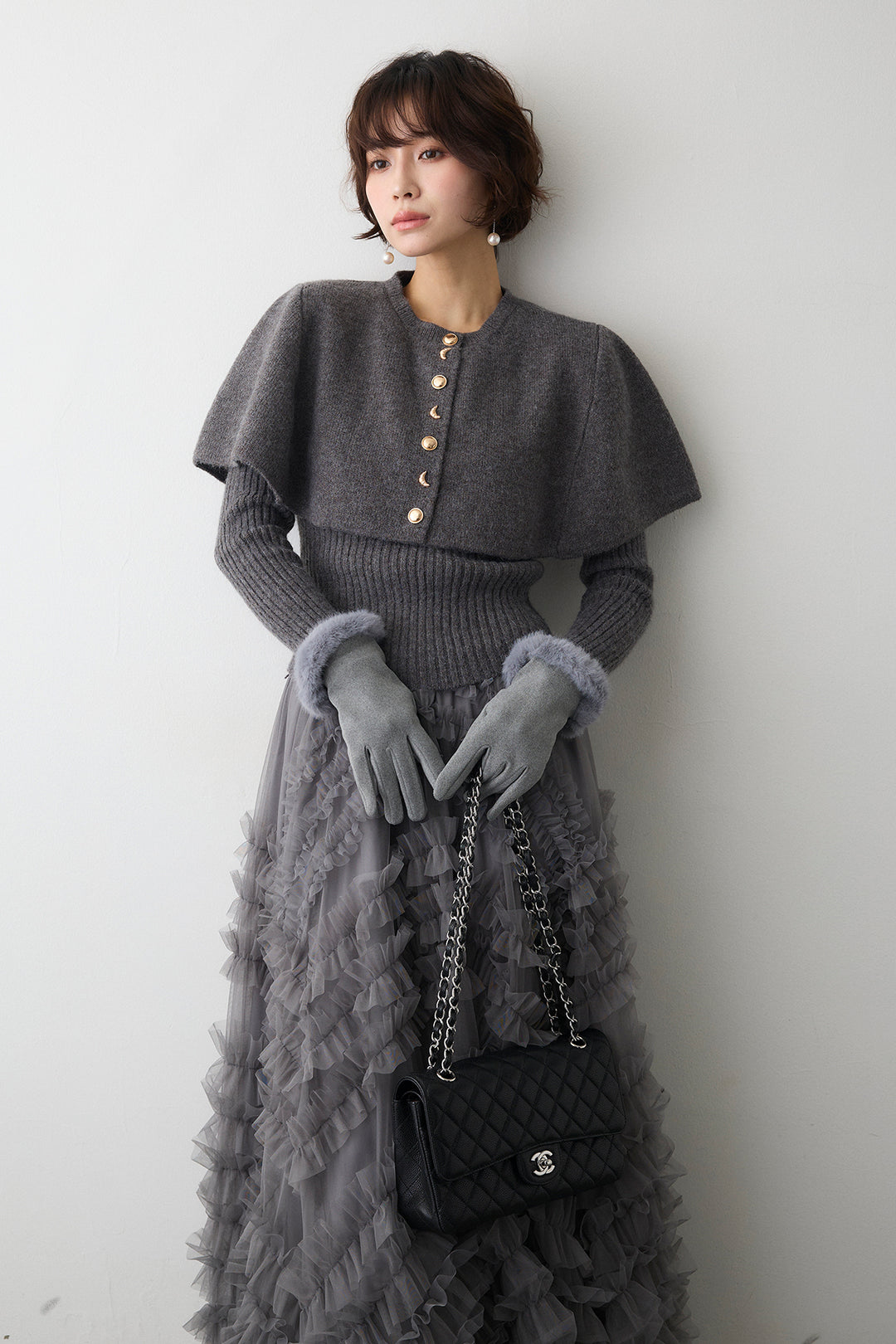 [予約/SET]ミックス釦ケープ2wayニット+スフレアシメチュールスカート(2set)