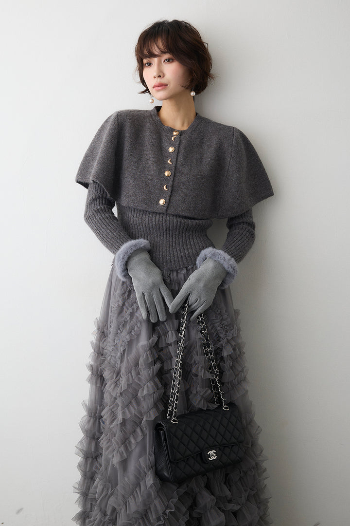 [予約/SET]ミックス釦ケープ2wayニット+スフレアシメチュールスカート(2set)