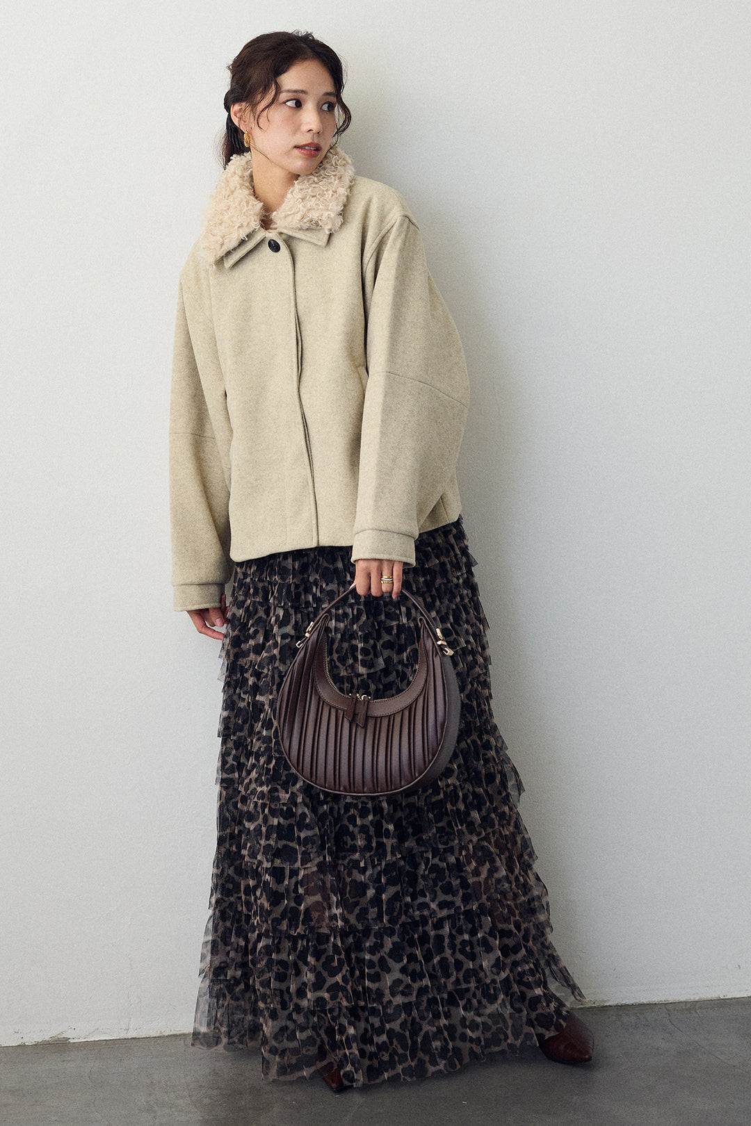 [予約/SET]プードル襟2wayコート+レオパードチュールティアードスカート(2set)