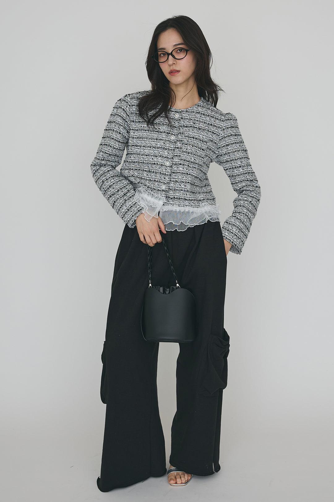 [予約/SET]プリーツフリルヘムライトツイードジャケット+ライトスウェットサイドリボンパンツ(2set)