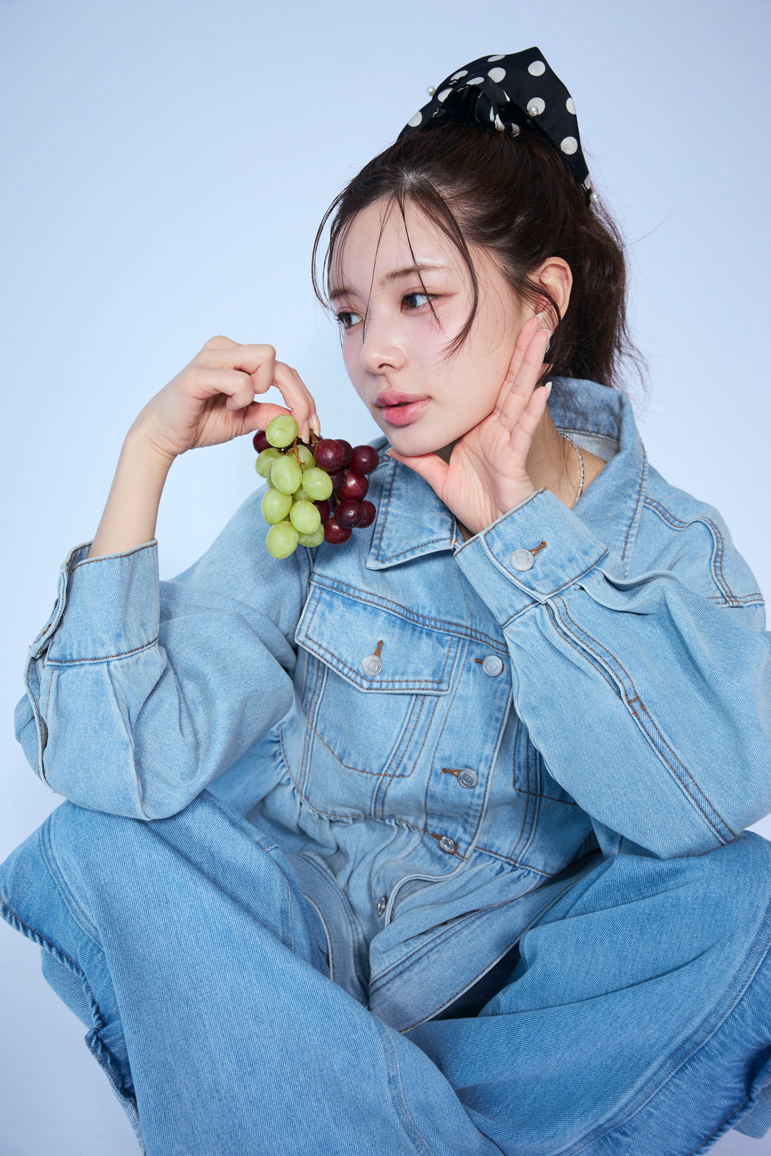 [予約/SET]ペプラムデニムジャケット+フリルウェーブデニムパンツ(2set)