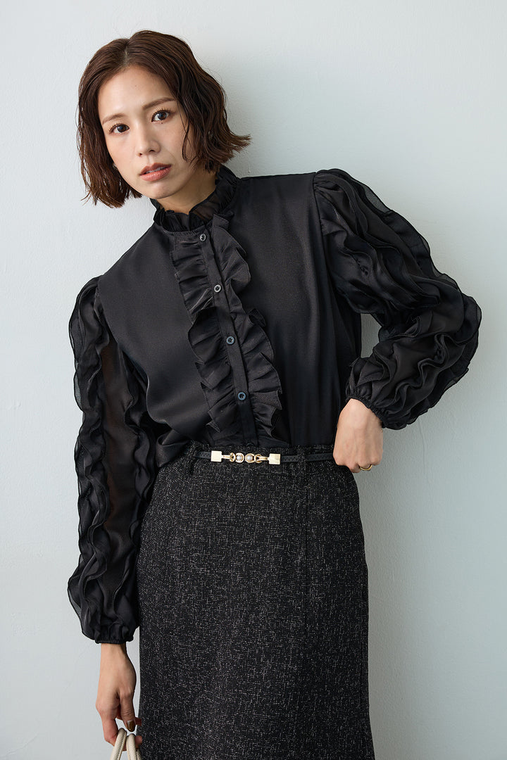 [予約/SET]エアリーフリルブラウス+スラブネップツイードフレアスカート(2set)