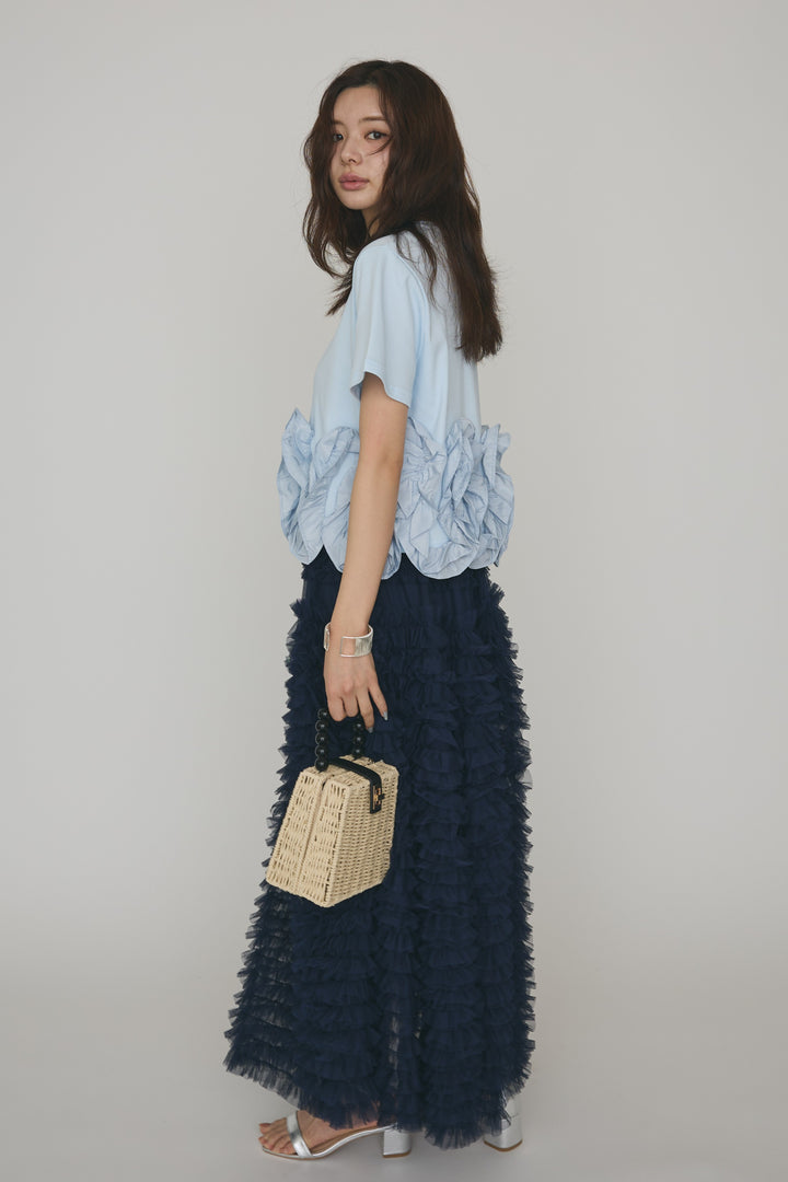[予約/SET]フリルウェーブヘムカットTシャツ+ホイップチュールティアードスカート(2set)