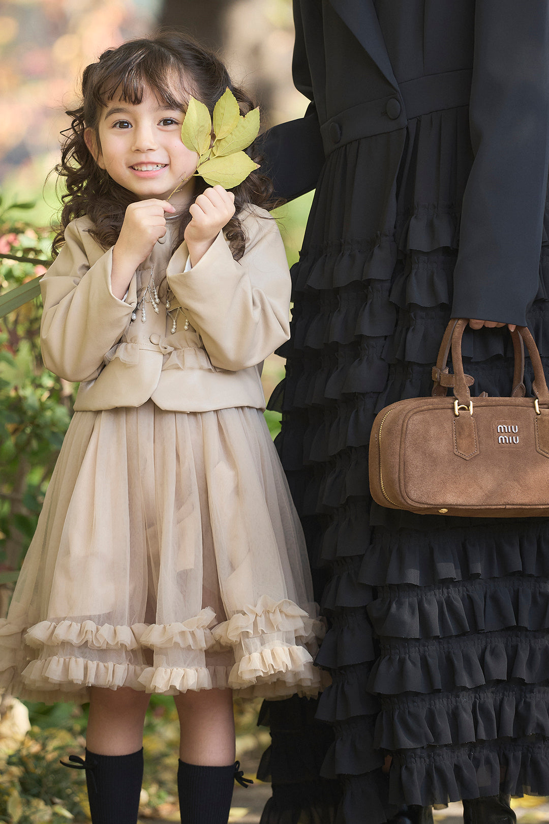 [予約/親子SET]ティアードチュールドッキングジャケットワンピース+[kids]フリルヘムチュールワンピ＋ジャケットセット(2set)