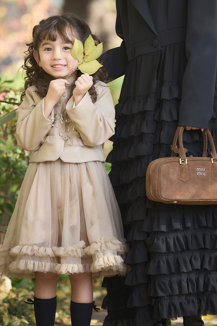 [予約/親子SET]ティアードチュールドッキングジャケットワンピース+[kids]フリルヘムチュールワンピ＋ジャケットセット(2set)