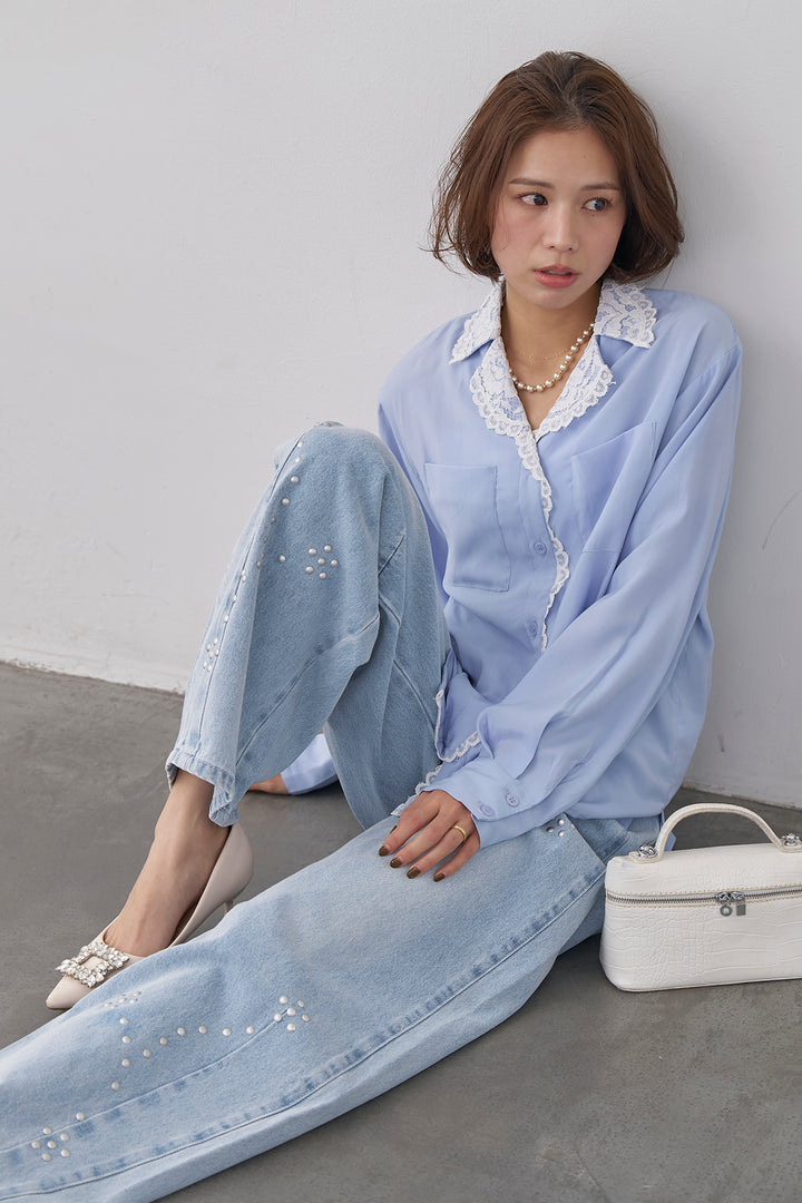 [予約/SET]クラシックレーストリムブラウス+スタッズアシメカーブデニムパンツ(2set)