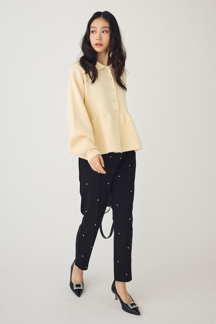 [予約/SET]ポロ襟ペプラムニットプルオーバー+センターシームランダムパールパンツ(2set)