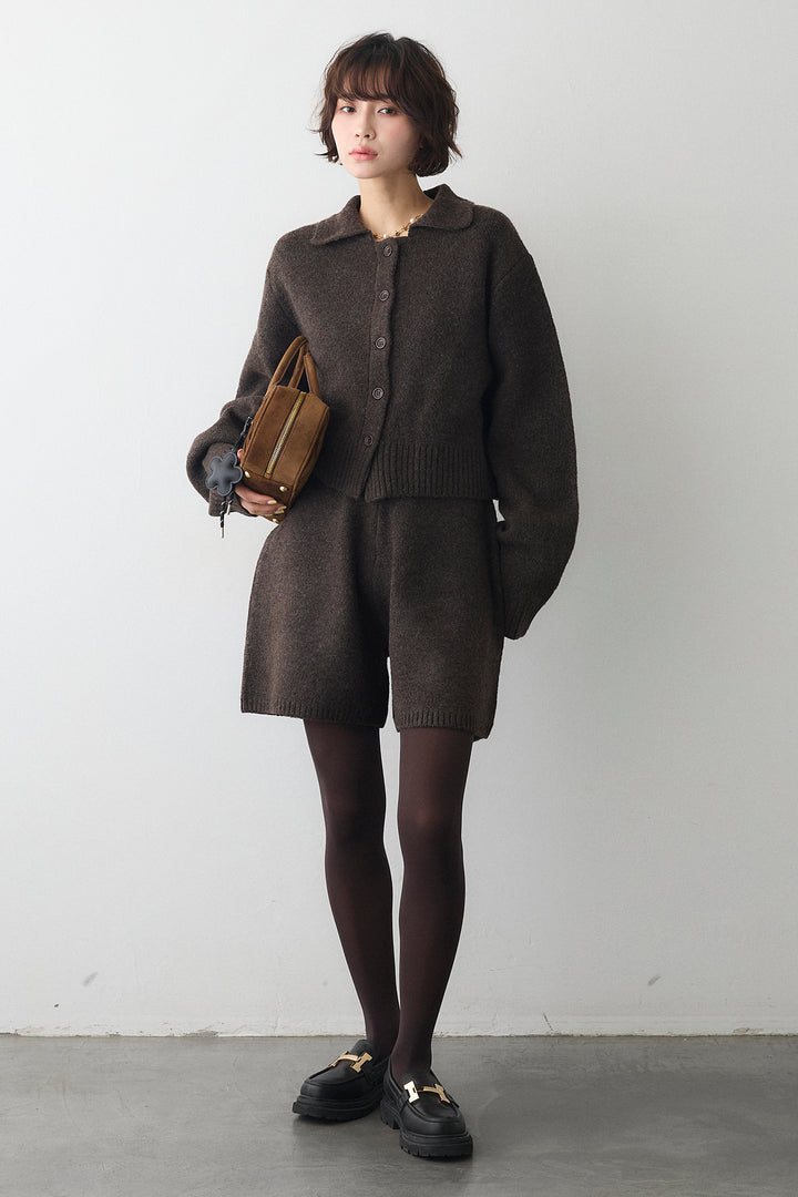 [予約/SET]メランジニットポロ襟クロップドカーデ+メランジニットショートパンツ(2set)