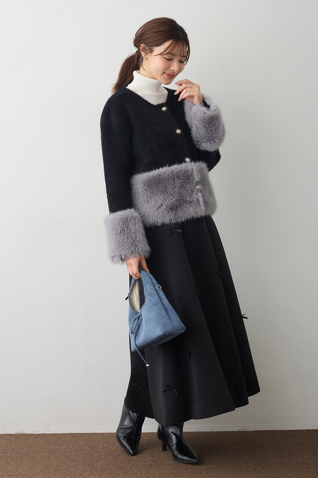 [予約/SET]配色ファードッキングコート+マルチパターンボンディングフレアスカート(2set)