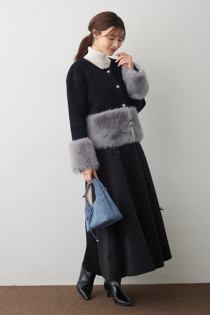 [予約/SET]配色ファードッキングコート+マルチパターンボンディングフレアスカート(2set)