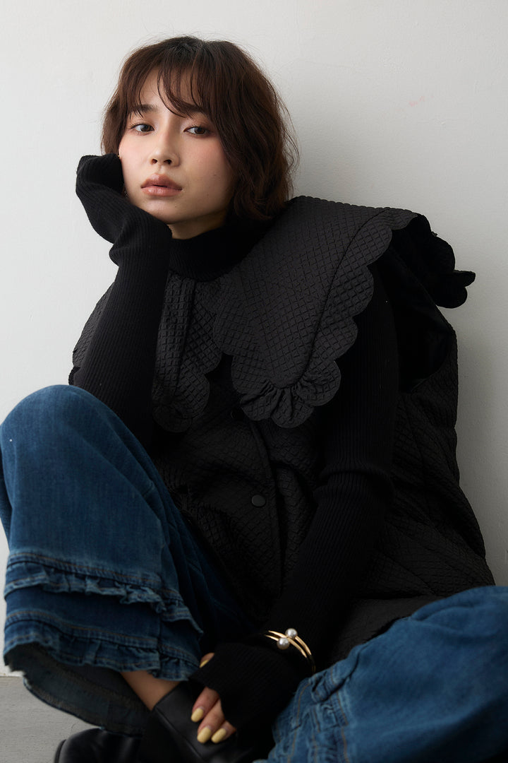 [予約/SET]ベーシックフィンガーホールリブニット+スカラップBIGカラーベスト+フリルヘムデニムパンツ(3set)