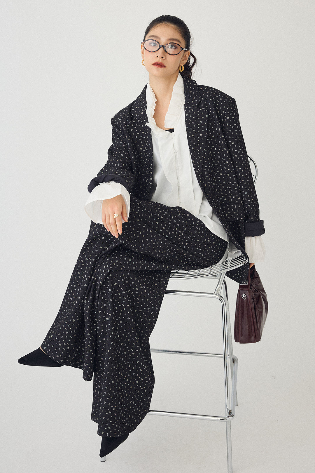 [予約/SET]ダブルプリーツカラーブラウス+ヴィンテージフラワー柄セットアップ(2set)