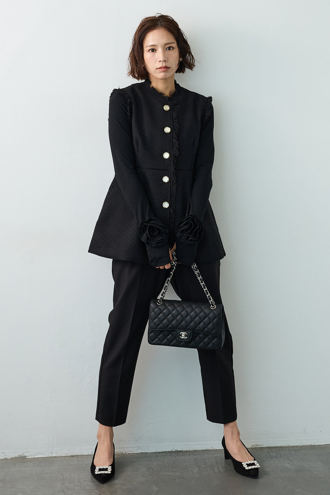 [予約/SET]フラワーモチーフポイントカットトップス+ツイードペプラム美フォルムジレ+タックテーパードパンツ(3set)