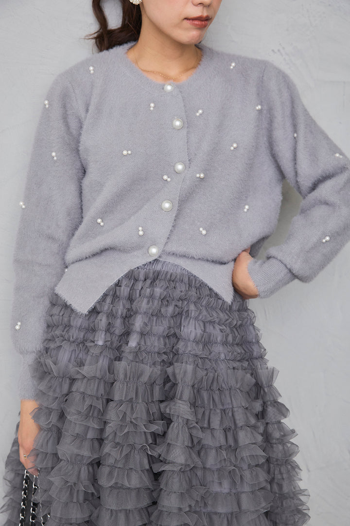 [予約/SET]ミックスパールシャギーコーディガン+ホイップチュールティアードスカート(2set)