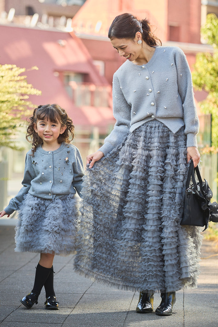 [予約/親子SET]ミックスパールシャギーコーディガン+ホイップチュールティアードスカート+[kids]刺繍ビースニットカーデ＋ホイップチュールスカートセット(3set)