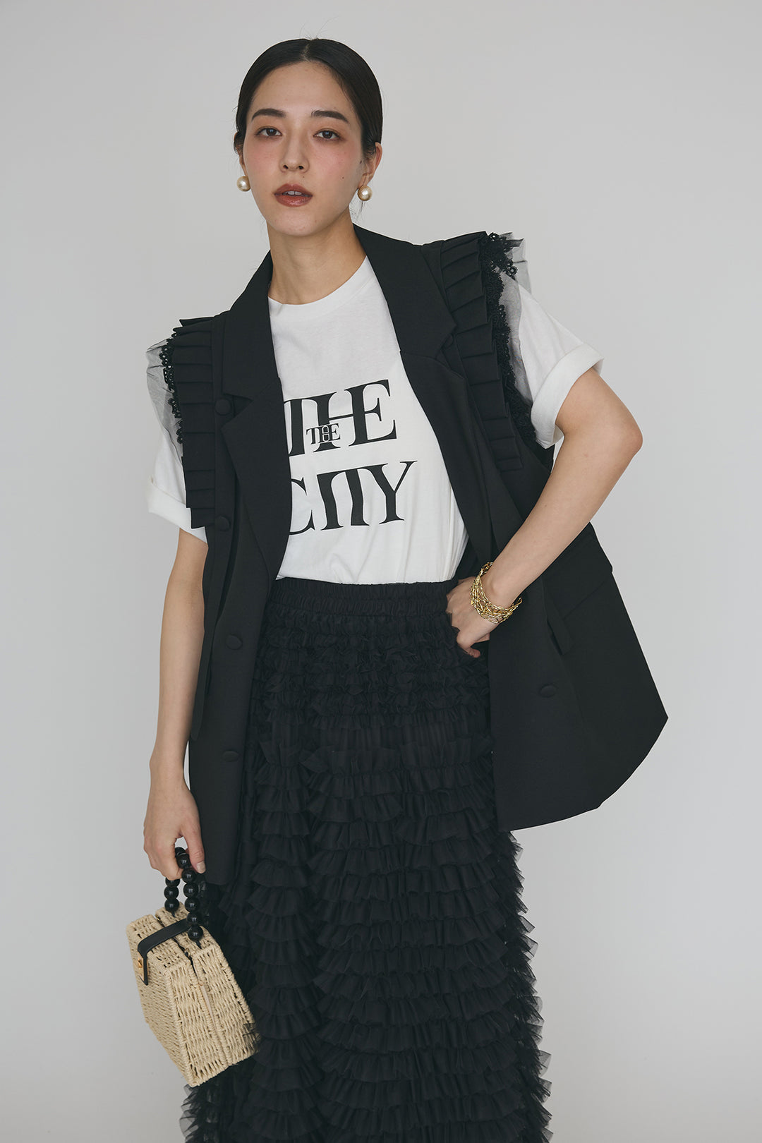 [予約/SET]フリルショルダーテーラーマニッシュベスト+ホイップチュールティアードスカート(2set)