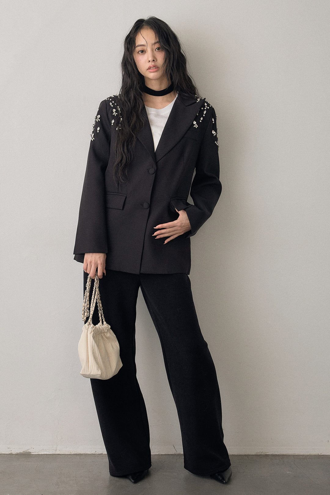 [予約/SET]ショルダービジューマニッシュジャケット+ウォームタッチイージーパンツ(2set)