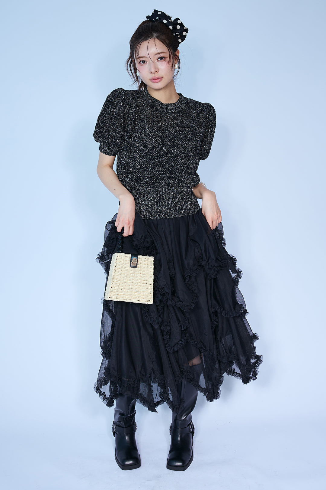[予約/SET]ラメ混パフスリーブハーフスリーブニット+ムードチュールフリルスカート(2set)
