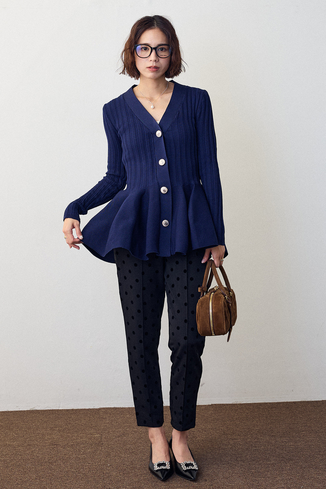 [予約/SET]リブ美ラインペプラムニット+ドット柄センターラインテーパードパンツ(2set)