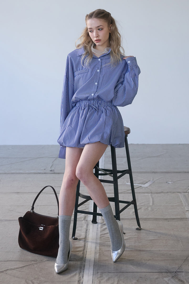 [予約/SET]ハイネックシアーフリルヘムトップス+ギンガムチェックバルーンミニボトムセットアップ(2set)